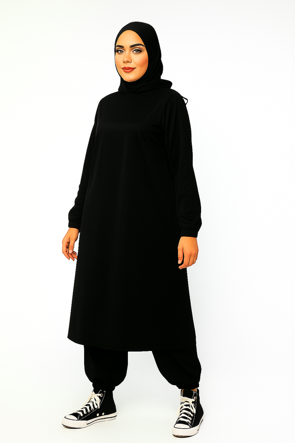Modest Hoodie Gym Abaya with Matching Loose Fit Trouser | Activewear Black Nida Fabric Abaya for Women