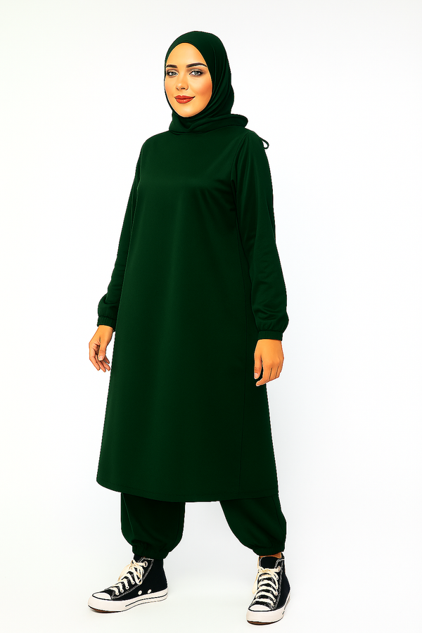 Modest Hoodie Gym Abaya with Matching Loose Fit Trouser | Activewear Green Nida Fabric Abaya for Women