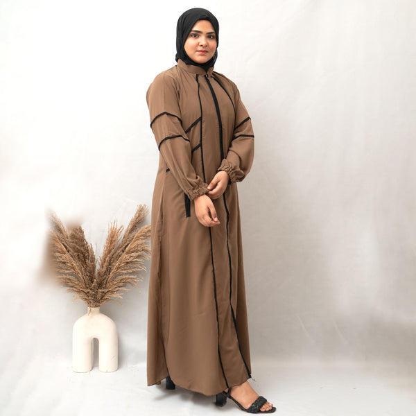 Front Open Zip Lastic Sleeves & Double Pocket Abaya in Brown Color With Hijab (021)