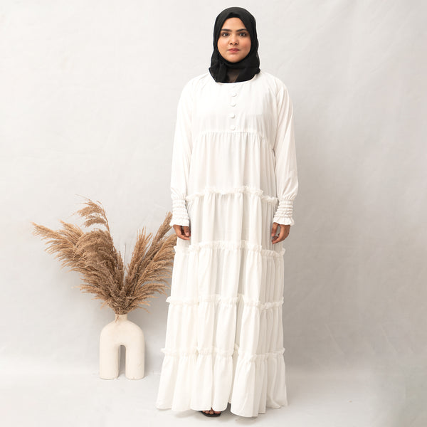 Multi Chunat Frock Abaya in White Color With Hijab (022)