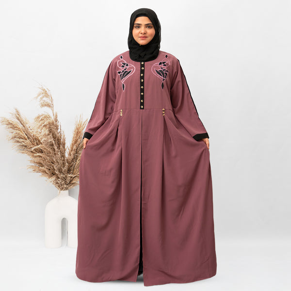 Front Button & Both Side Embroidery Abaya in Pink Color With Hijab (027)
