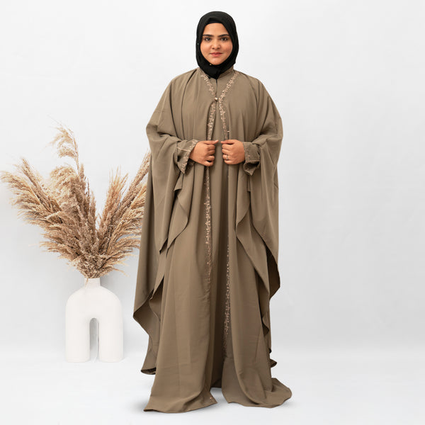 Inner & Upper Embroidery Abaya In Beige Color With Hijab (028)