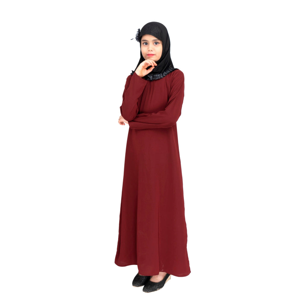 Beautiful Self Design Maroon Crepe Islamic Abaya for Kids_002