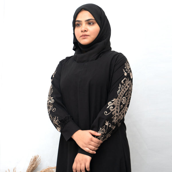 Full Sleeves Beige Embroidery Abaya in Black Color With Hijab (003)