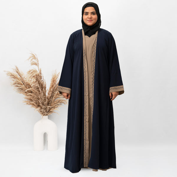 U-Shape Shrug Embroidery Abaya in Blue Color With Hijab (032)