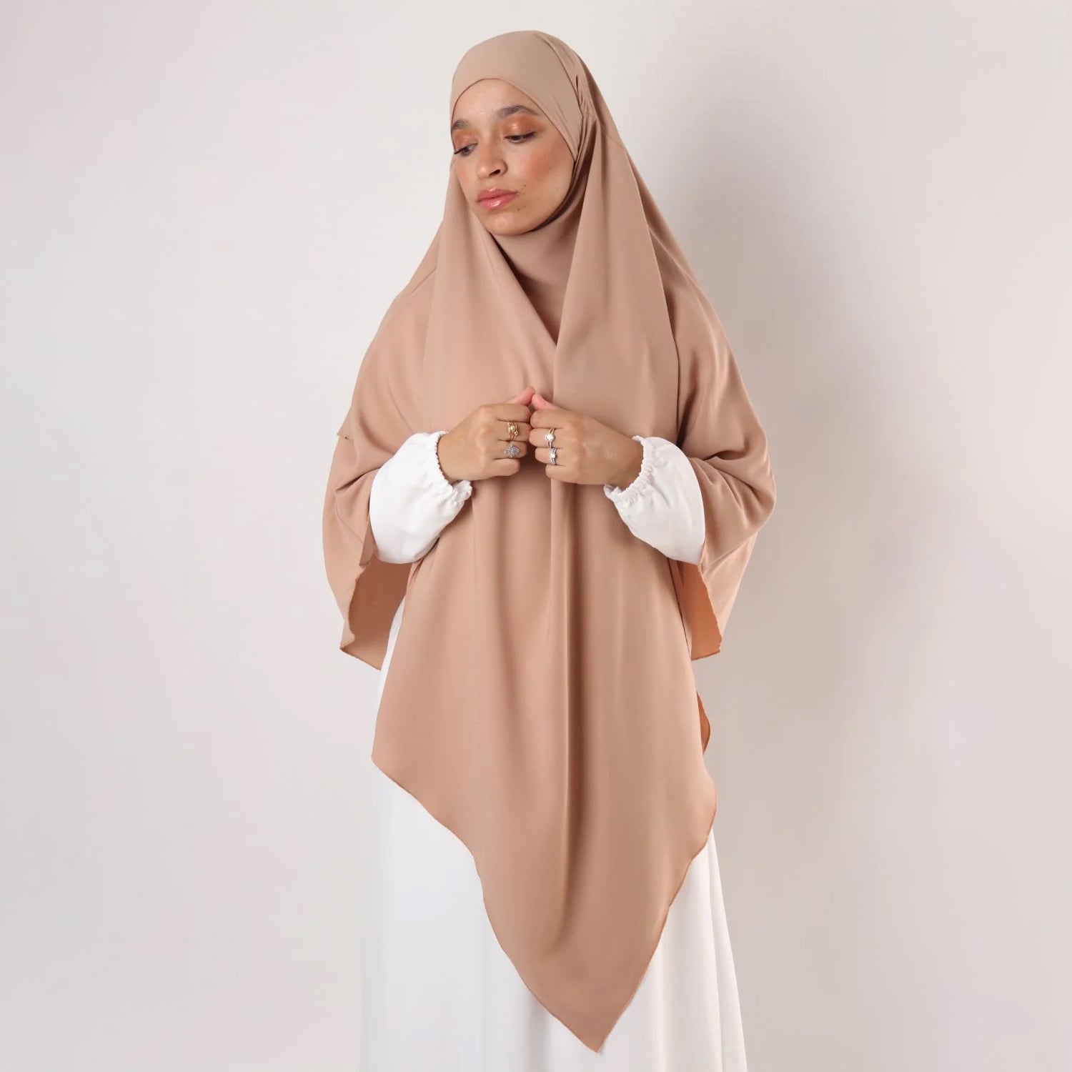 Khimar : 2 Layer Triangular Diamond Instant Khimar-Hijab-Jilbab for Girls & Women in Dark Beige Color | Tie Back Burkha Jilbab Khimar Style Abaya Hijab Niqab Islamic Modest Wear