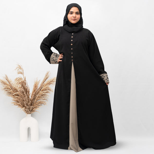 A-line Cuff Embroidery with 10 Button Abaya in Black Color With Hijab (005)