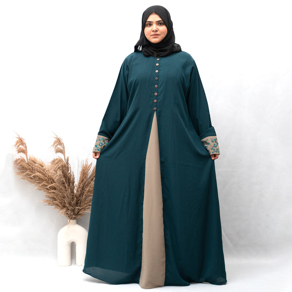 A-line Cuff Embroidery with 10 Button Abaya in Ramagreen Color With Hijab (006)