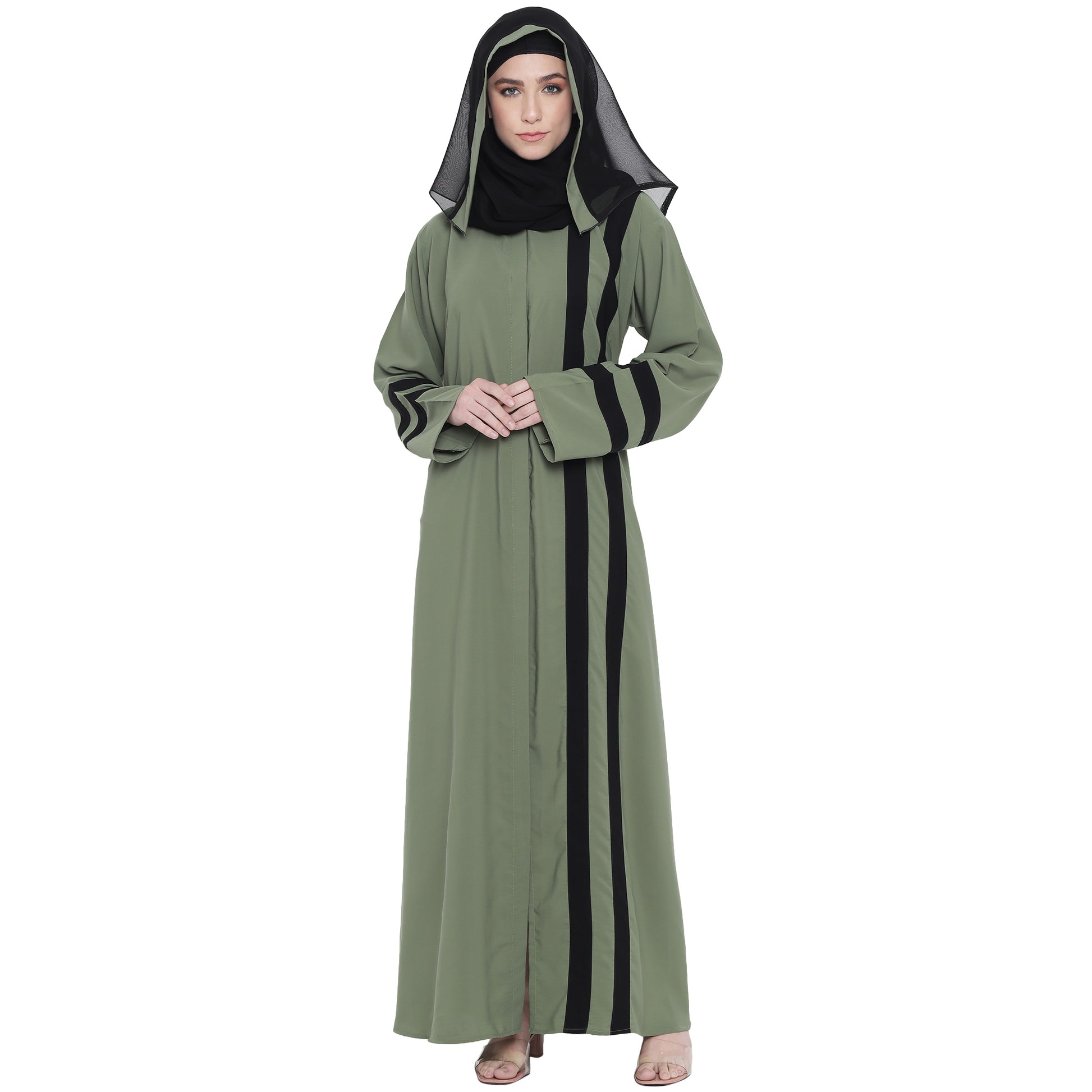 Beautiful Self Design Green Front Open With Straight Black Patti Crepe Abaya or Burqa With Hijab for Women & Girls_0848