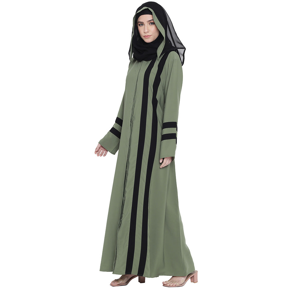 Beautiful Self Design Green Front Open With Straight Black Patti Crepe Abaya or Burqa With Hijab for Women & Girls_0848