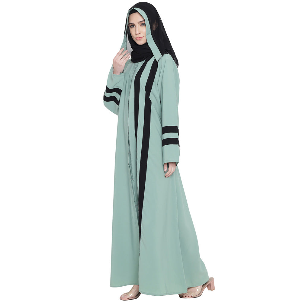 Beautiful Self Design Almond Green Front Open With Straight Black Patti Crepe Abaya or Burqa With Hijab for Women & Girls_0849