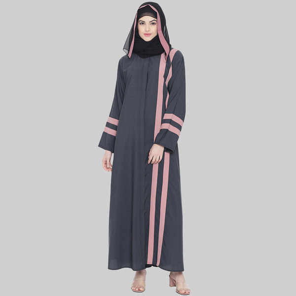 Beautiful Self Design Dark Grey Front Open With Straight Pink Patti Crepe Abaya or Burqa With Hijab for Women & Girls_0850