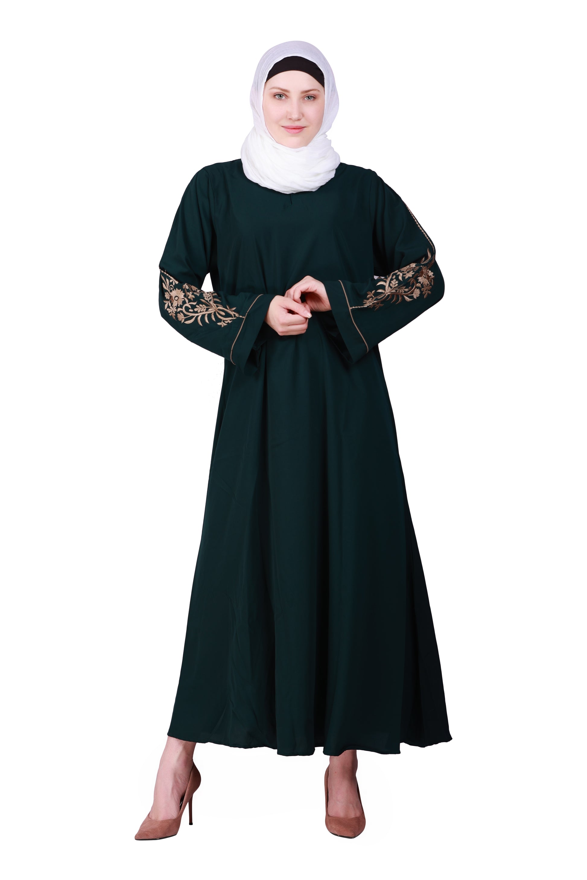 Beautiful Self Design Bottle Green Sleeve Embroidery Aline Crepe Abaya or Burqa With Hijab for Women & Girls_00851