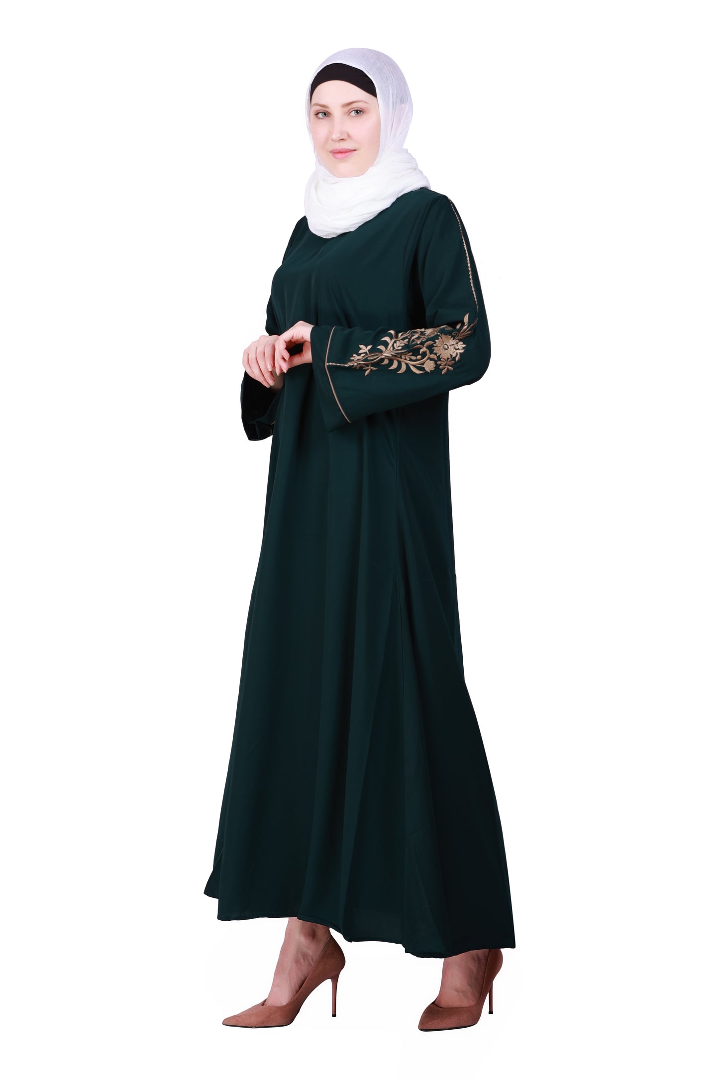 Beautiful Self Design Bottle Green Sleeve Embroidery Aline Crepe Abaya or Burqa With Hijab for Women & Girls_00851
