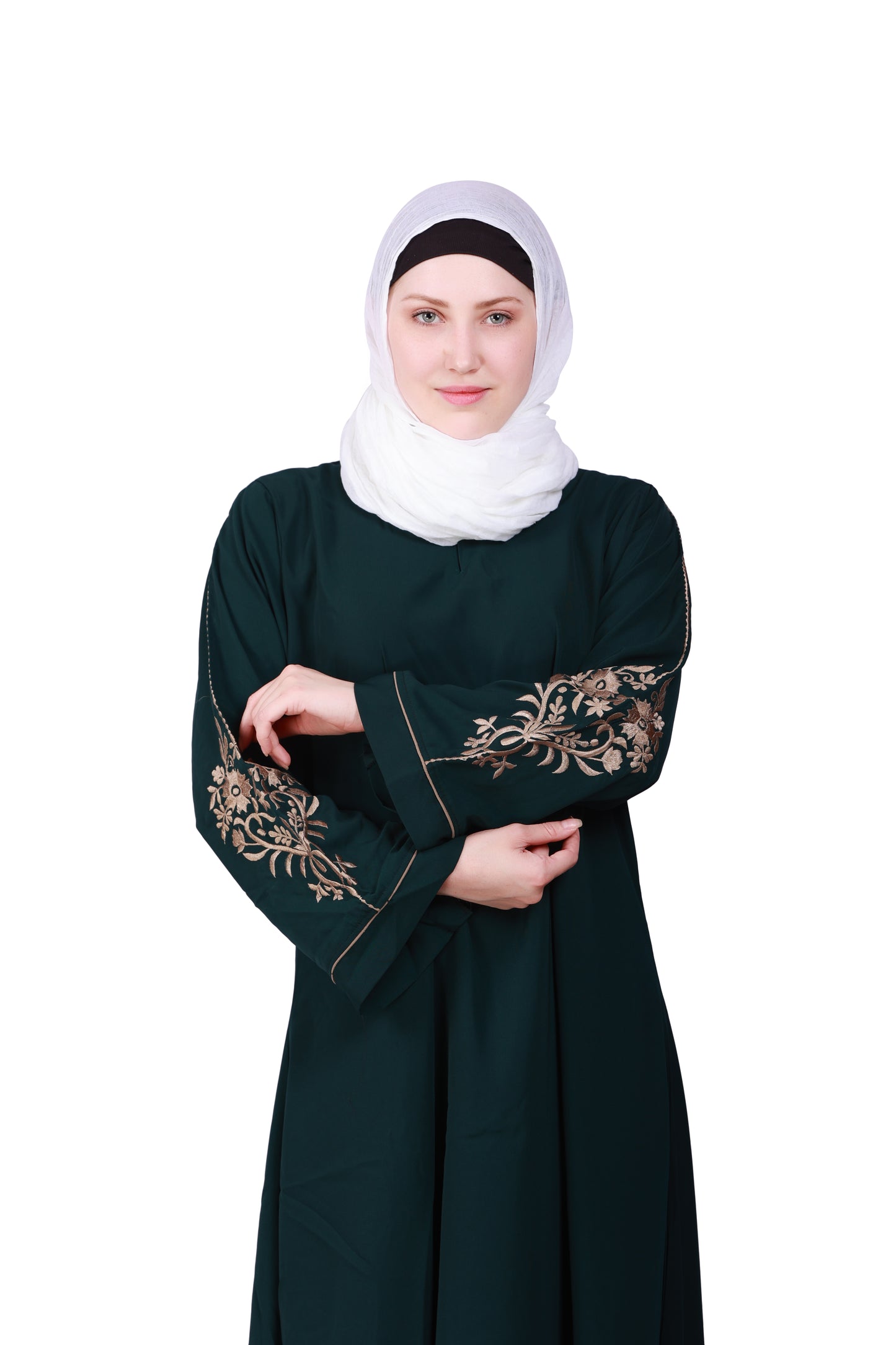 Beautiful Self Design Bottle Green Sleeve Embroidery Aline Crepe Abaya or Burqa With Hijab for Women & Girls_00851