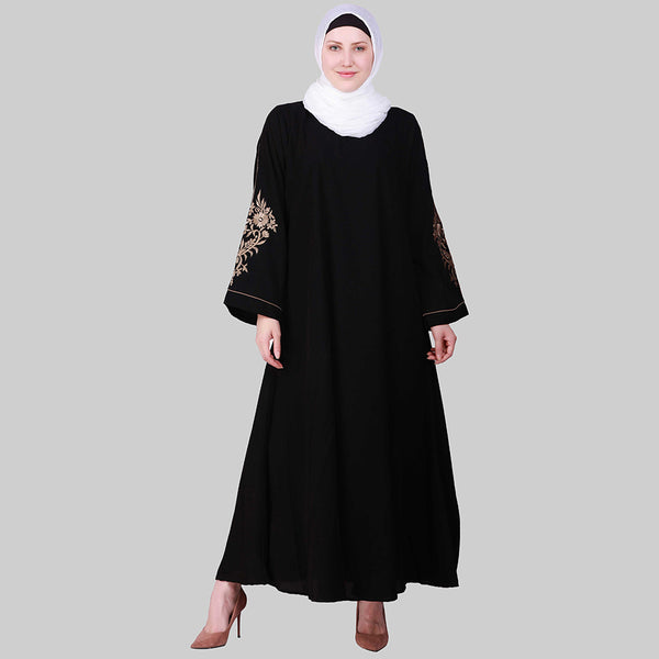 Beautiful Self Design Black Sleeve Embroidery Aline Crepe Abaya or Burqa With Hijab for Women & Girls_00852