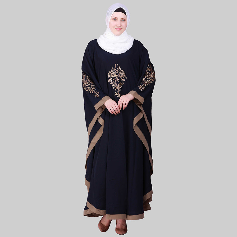 Beautiful Self Design Blue 3 Boota Embroidery With Single Beige Patti Crepe Kaftan Abaya or Burqa for Women & Girls_00853