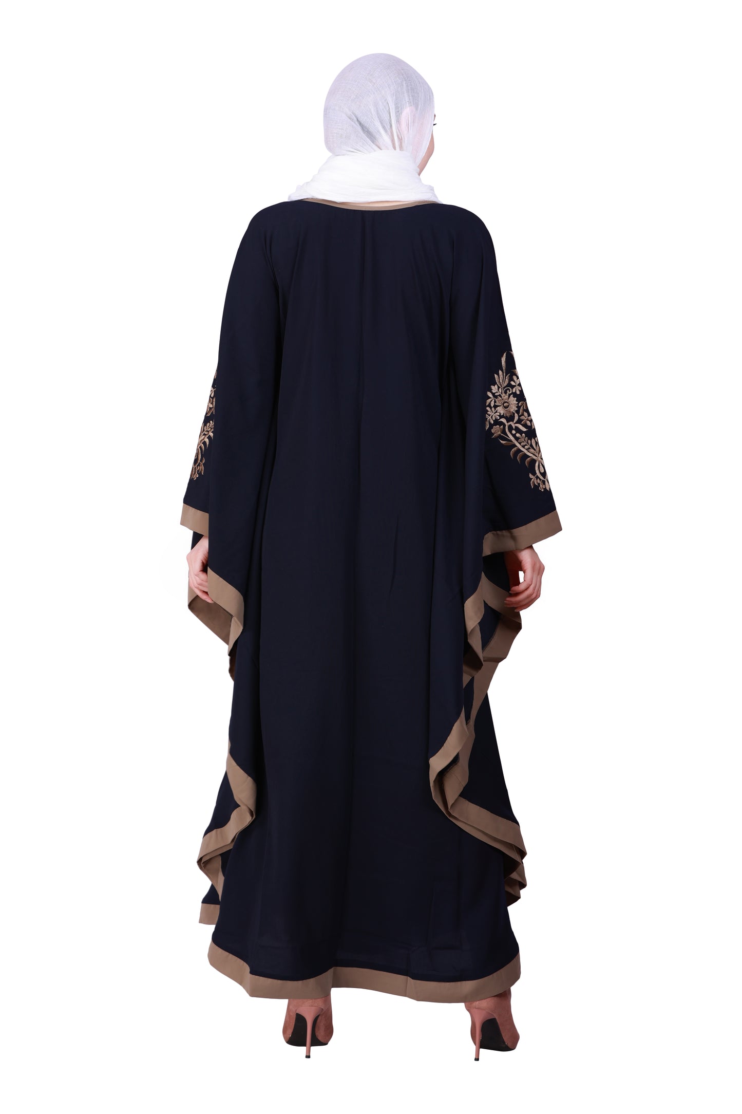 Beautiful Self Design Blue 3 Boota Embroidery With Single Beige Patti Crepe Kaftan Abaya or Burqa for Women & Girls_00853
