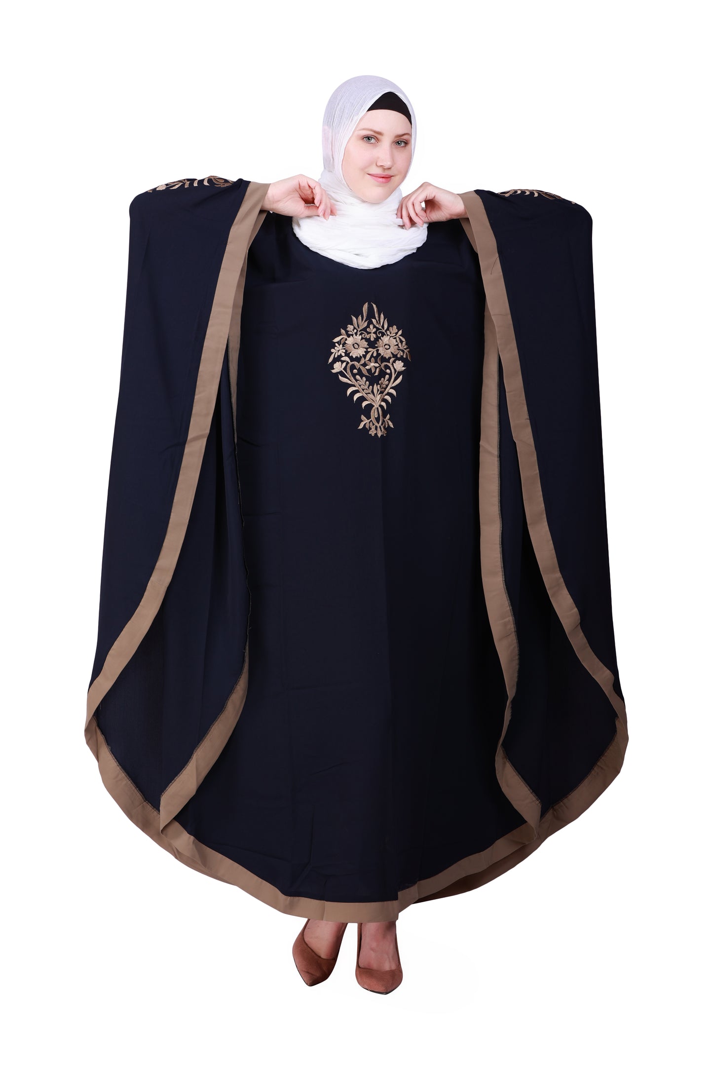 Beautiful Self Design Blue 3 Boota Embroidery With Single Beige Patti Crepe Kaftan Abaya or Burqa for Women & Girls_00853