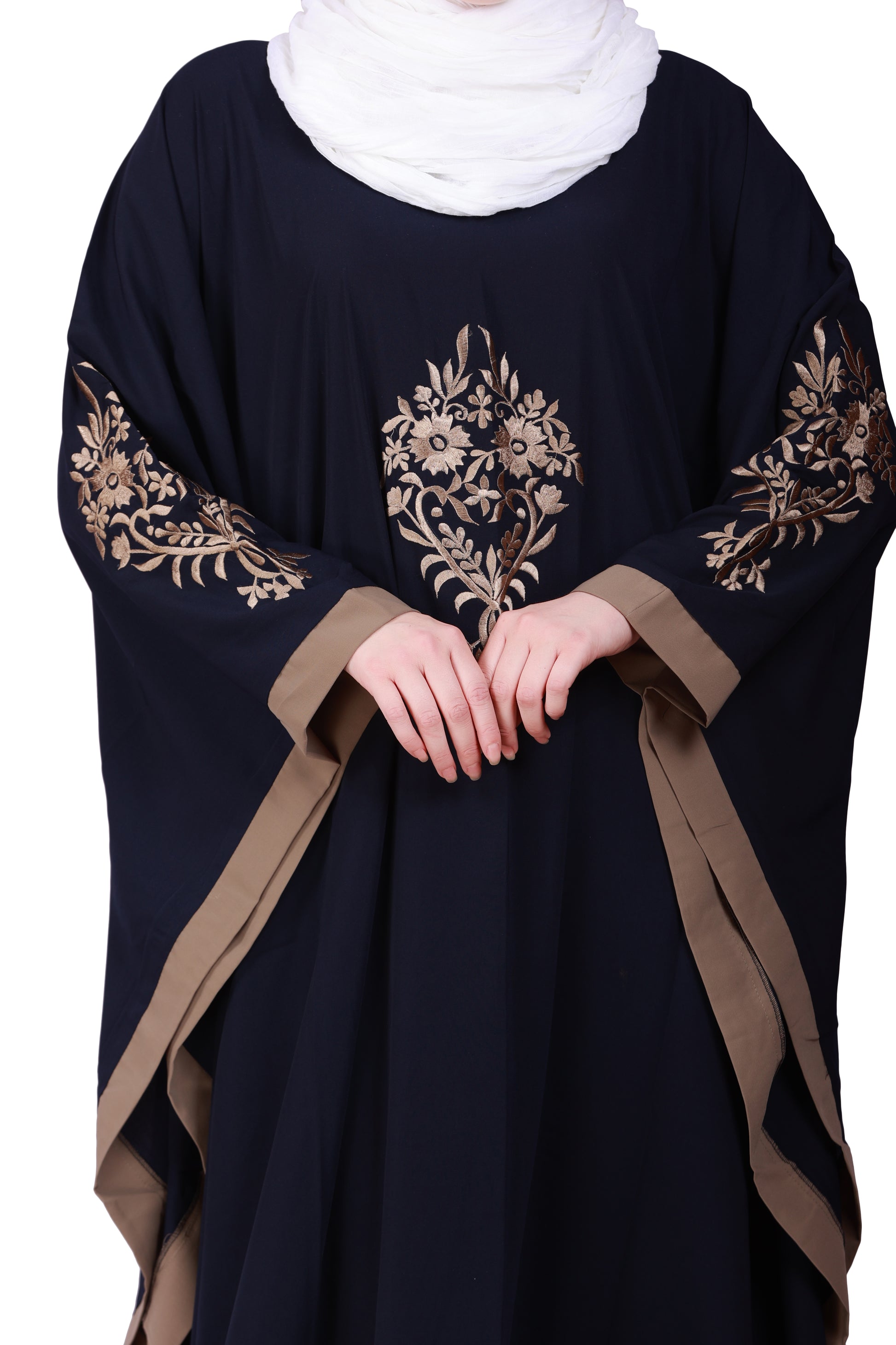Beautiful Self Design Blue 3 Boota Embroidery With Single Beige Patti Crepe Kaftan Abaya or Burqa for Women & Girls_00853