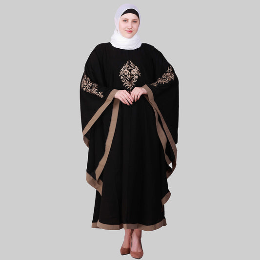 Beautiful Self Design Black 3 Boota Embroidery With Single Beige Patti Crepe Kaftan Abaya or Burqa for Women & Girls_00855