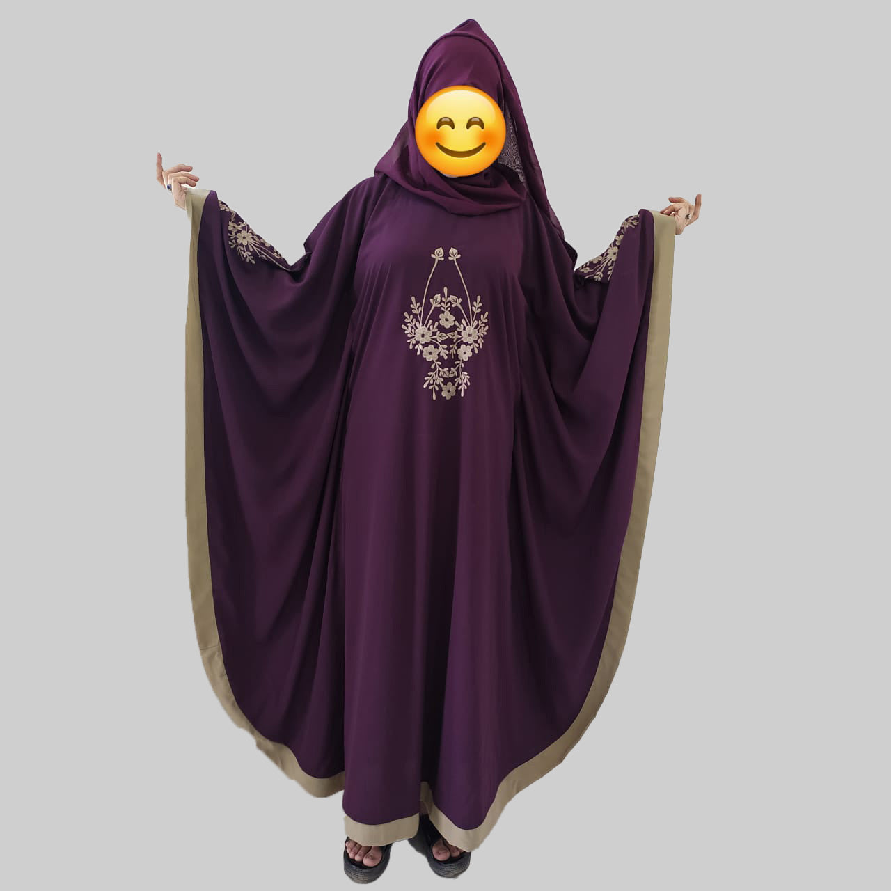 Beautiful Self Design Purple 3 Boota Embroidery With Single Beige Patti Crepe Kaftan Abaya or Burqa for Women & Girls_00857