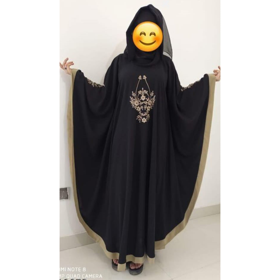 Beautiful Self Design Black 3 Boota Embroidery With Single Beige Patti Crepe Kaftan Abaya or Burqa for Women & Girls_00858
