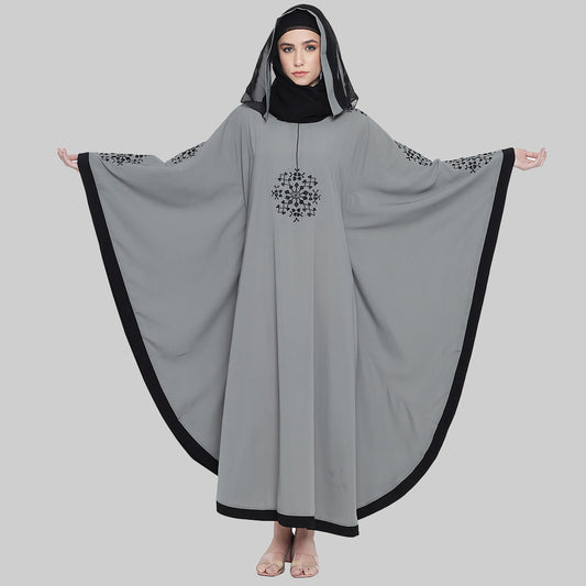 Beautiful Self Design Grey 7 Boota Embroidery With Single Black Patti Crepe Kaftan Abaya or Burqa for Women & Girls_00859