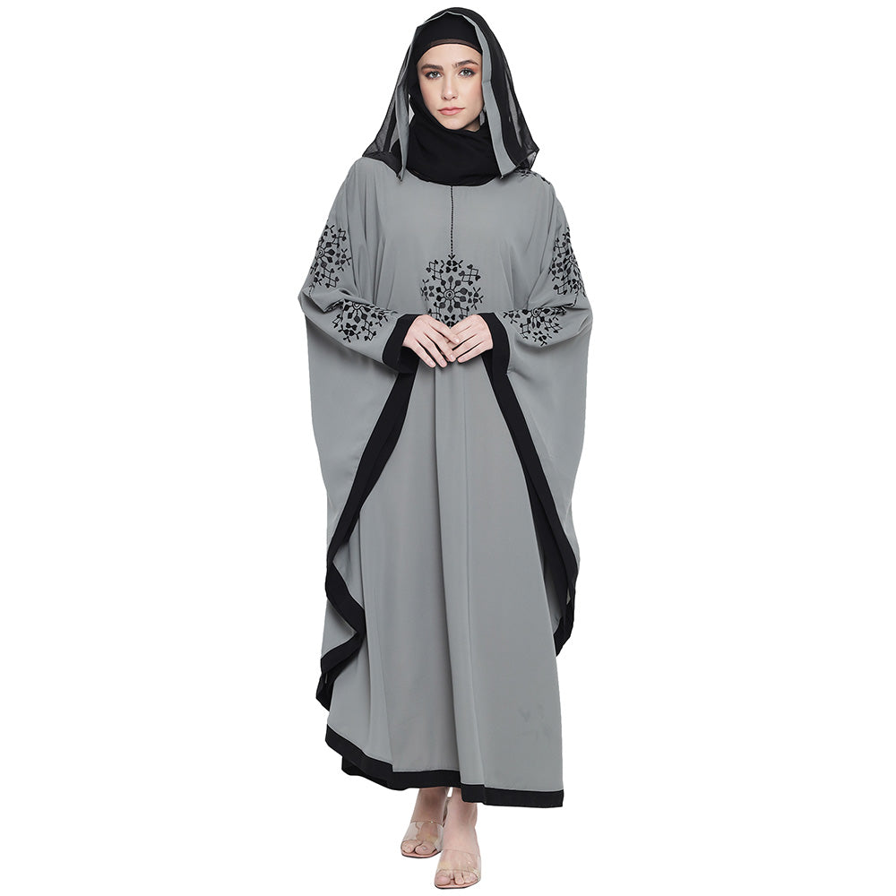 Beautiful Self Design Grey 7 Boota Embroidery With Single Black Patti Crepe Kaftan Abaya or Burqa for Women & Girls_00859