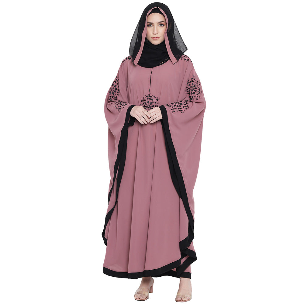 Beautiful Self Design Pink 7 Boota Embroidery With Single Black Patti Crepe Kaftan Abaya or Burqa for Women & Girls_00860
