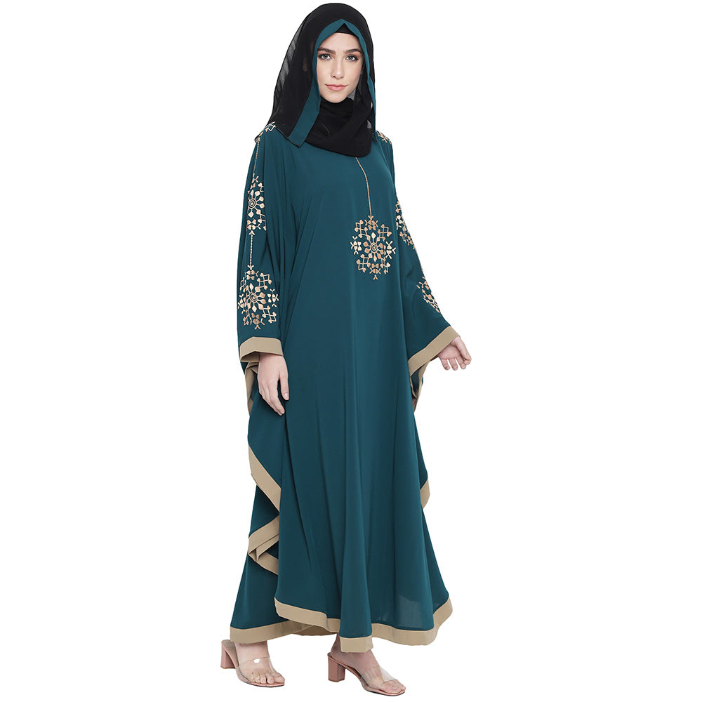 Beautiful Self Design Ramagreen 7 Boota Embroidery With Single Beige Patti Crepe Kaftan Abaya or Burqa for Women & Girls_00861
