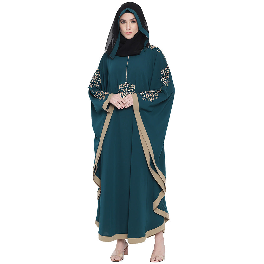 Beautiful Self Design Ramagreen 7 Boota Embroidery With Single Beige Patti Crepe Kaftan Abaya or Burqa for Women & Girls_00861