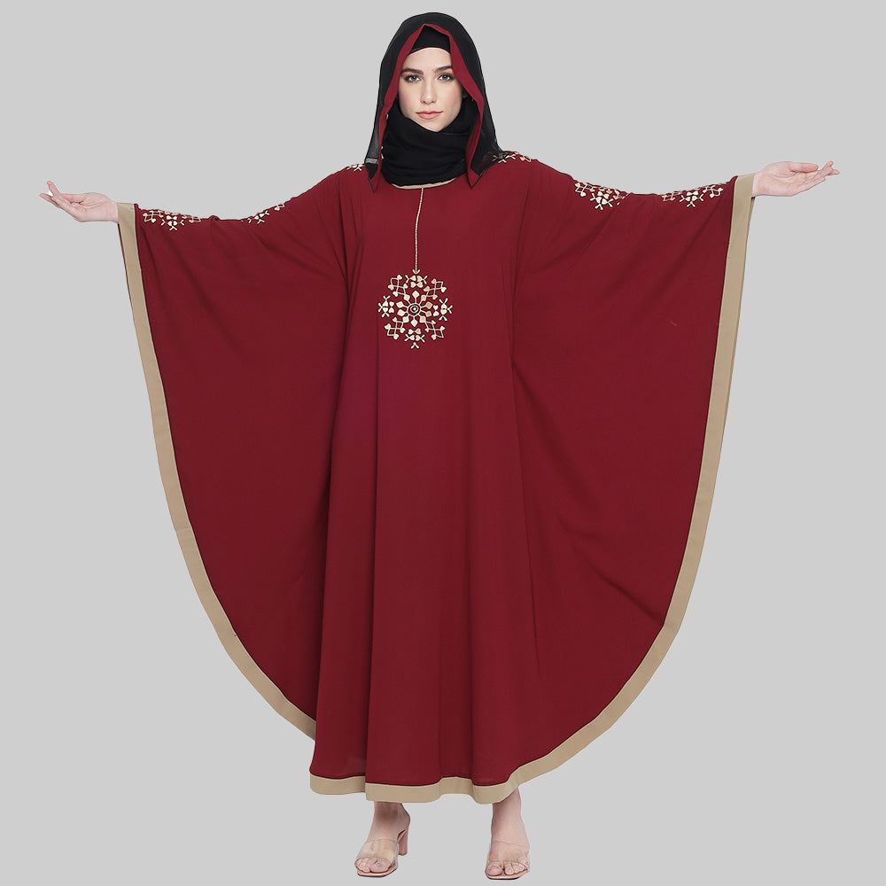 Beautiful Self Design Maroon 7 Boota Embroidery With Single Beige Patti Crepe Kaftan Abaya or Burqa for Women & Girls_00862