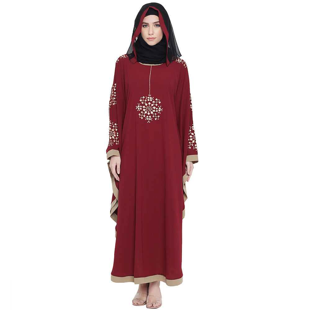 Beautiful Self Design Maroon 7 Boota Embroidery With Single Beige Patti Crepe Kaftan Abaya or Burqa for Women & Girls_00862