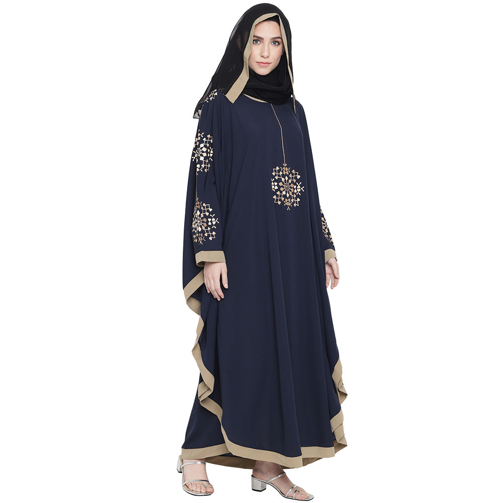 Beautiful Self Design Blue 7 Boota Embroidery With Single Beige Patti Crepe Kaftan Abaya or Burqa for Women & Girls_00863