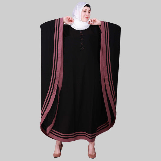 Beautiful Self Design Black Pink 3 Patti with 6 Button Kaftan Crepe Abaya or Burqa With Hijab for Women & Girls_0865