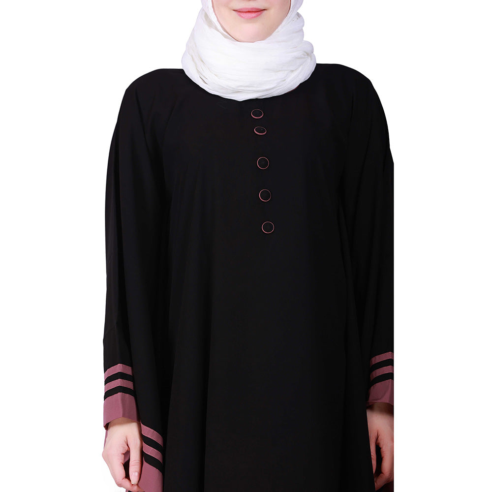 Beautiful Self Design Black Pink 3 Patti with 6 Button Kaftan Crepe Abaya or Burqa With Hijab for Women & Girls_0865