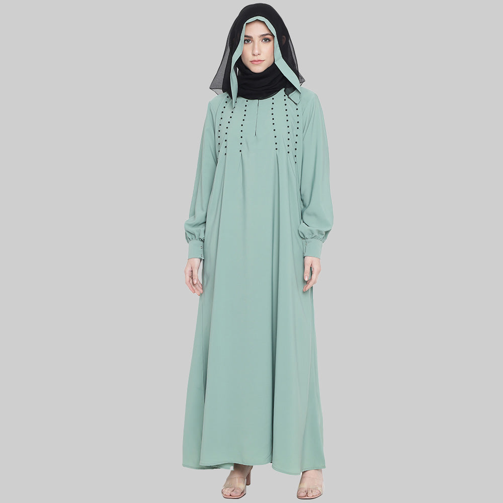 Beautiful Self Design Almond Green Black Moti Aline Crepe Abaya or Burqa With Hijab for Women & Girls_0868