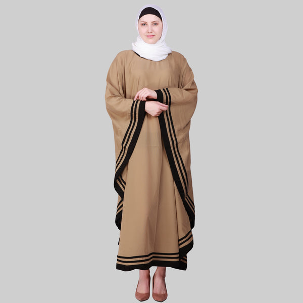 Beautiful Self Design Beige With Black 3 Patti Kaftan Crepe Abaya or Burqa With Hijab for Women & Girls_0867