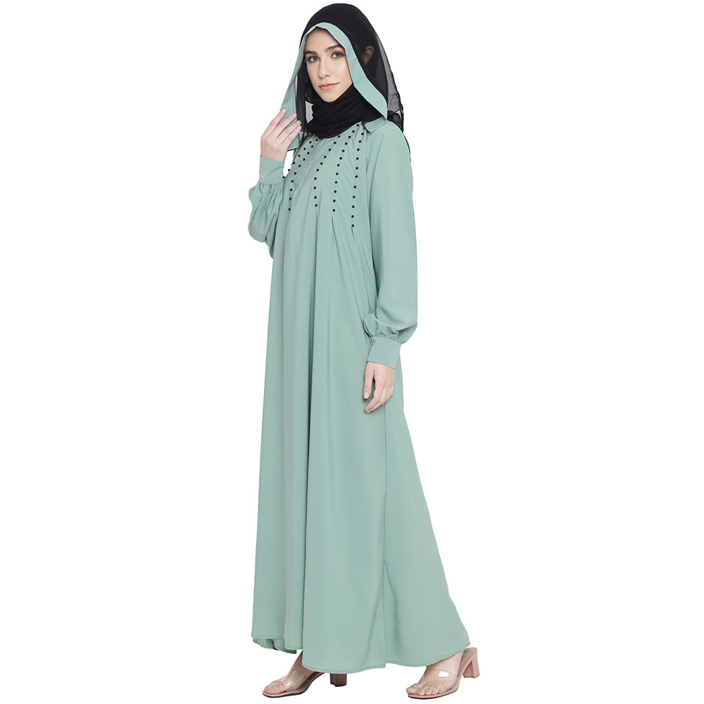 Beautiful Self Design Almond Green Black Moti Aline Crepe Abaya or Burqa With Hijab for Women & Girls_0868