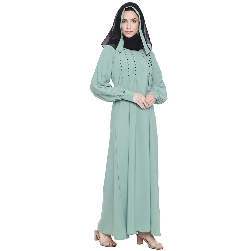 Beautiful Self Design Almond Green Black Moti Aline Crepe Abaya or Burqa With Hijab for Women & Girls_0868