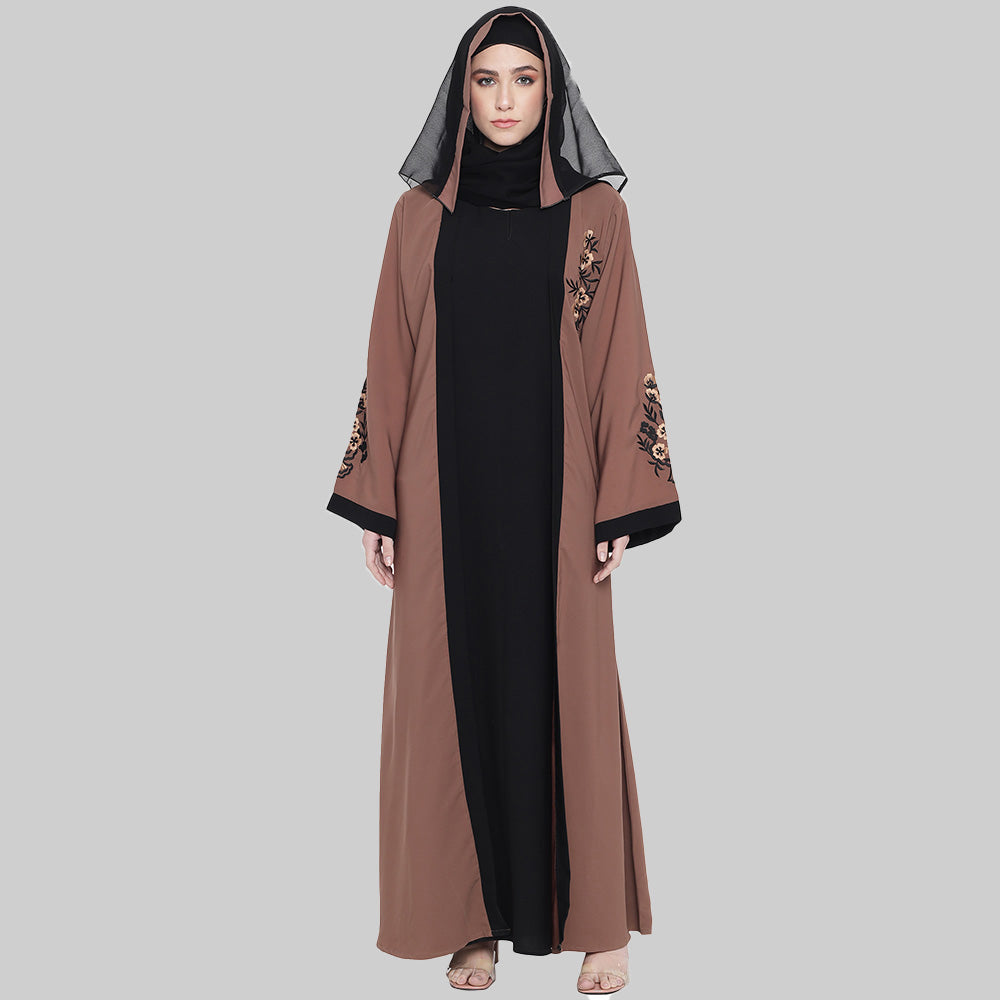 Beautiful Self Design Brown Black Sleeve Embroidery Shrug Crepe Abaya or Burqa With Hijab for Women & Girls_0869