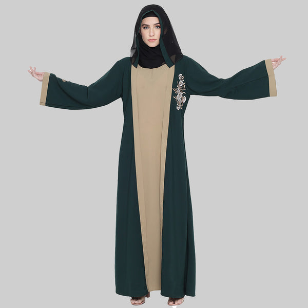 Beautiful Self Design Green Beige Sleeve Embroidery Shrug Crepe Abaya or Burqa With Hijab for Women & Girls_0870