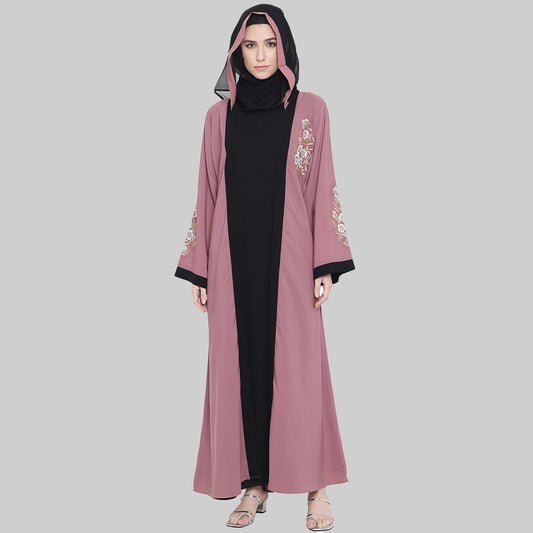 Beautiful Self Design Pink Black Sleeve Embroidery Shrug Crepe Abaya or Burqa With Hijab for Women & Girls_0871