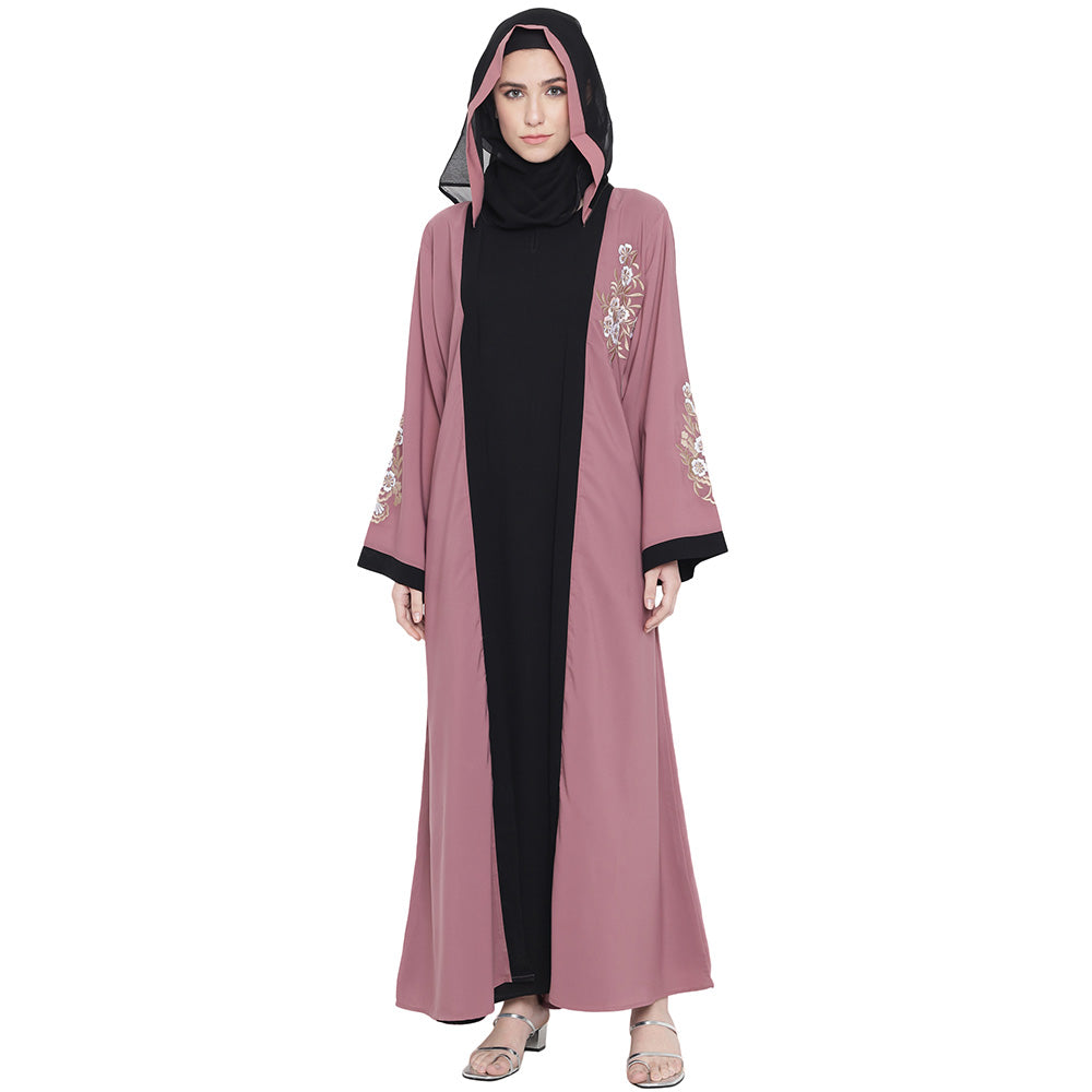 Beautiful Self Design Pink Black Sleeve Embroidery Shrug Crepe Abaya or Burqa With Hijab for Women & Girls_0871