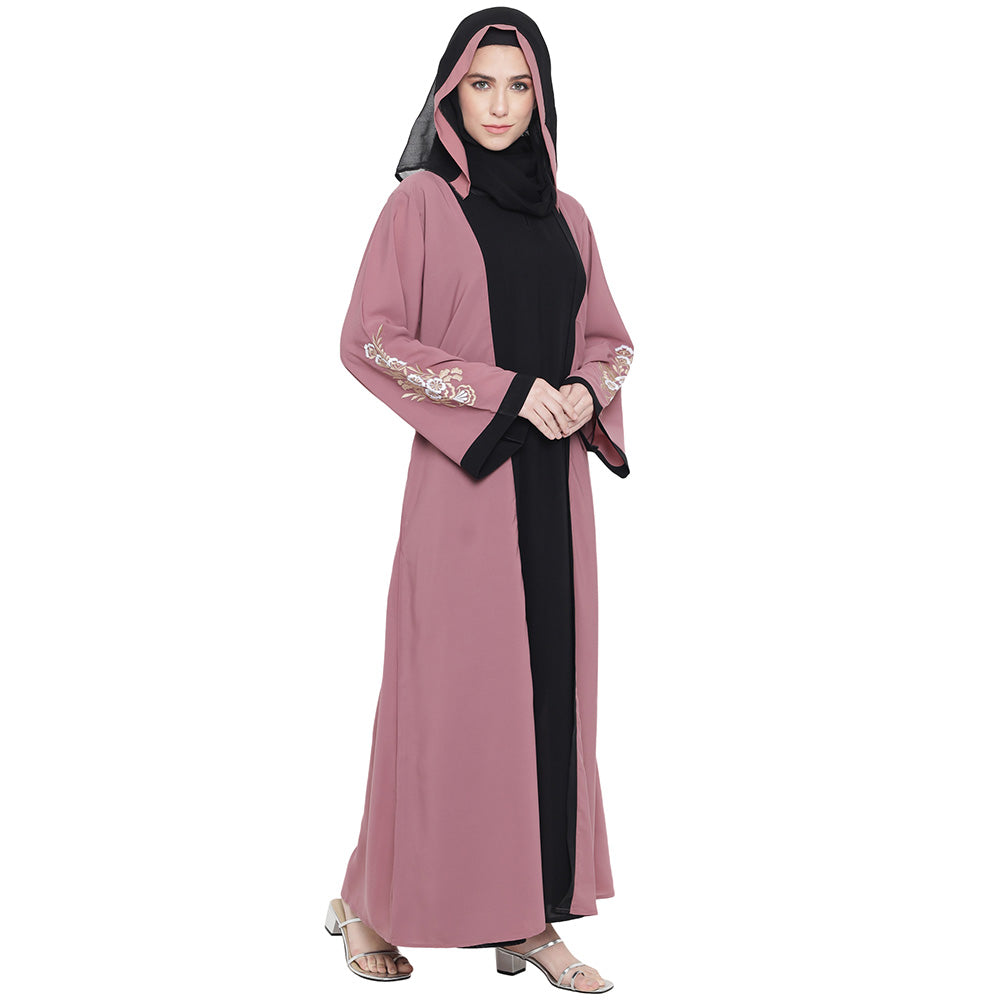 Beautiful Self Design Pink Black Sleeve Embroidery Shrug Crepe Abaya or Burqa With Hijab for Women & Girls_0871
