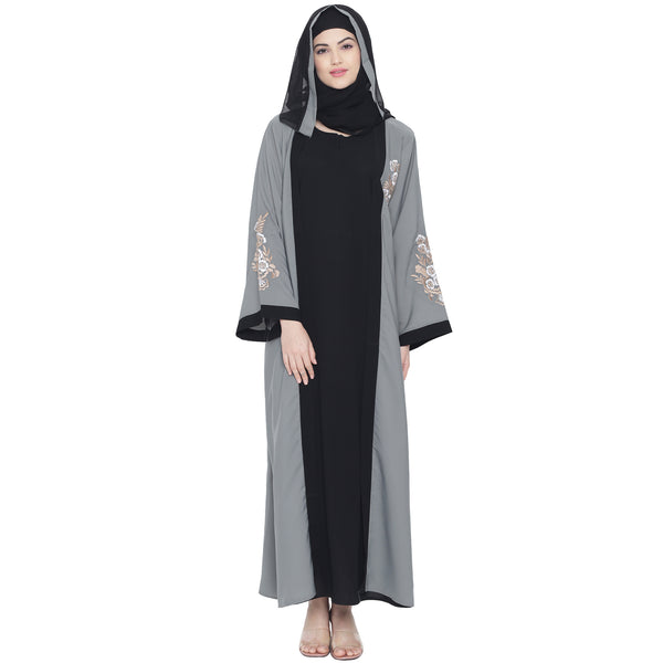 Shrug Abaya Grey Black Sleeve Embroidery Shrug Crepe Abaya or Burqa With Hijab