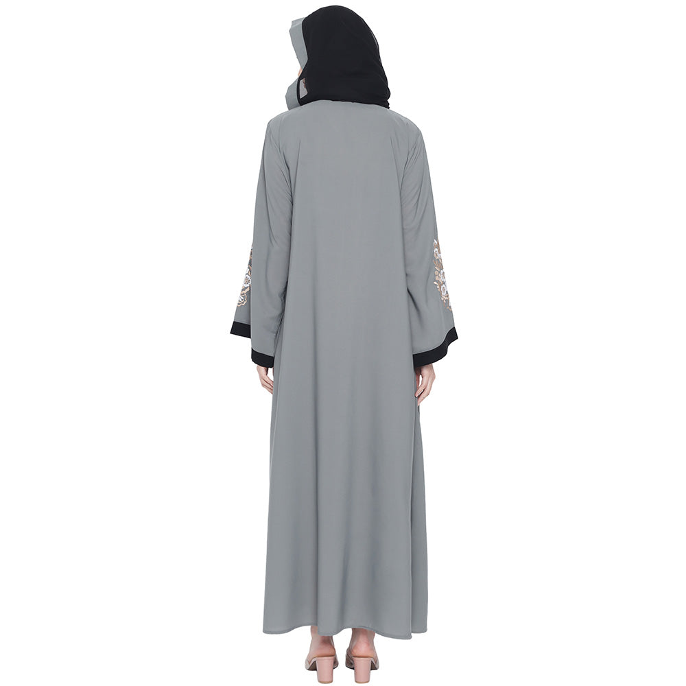 Beautiful Self Design Grey Black Sleeve Embroidery Shrug Crepe Abaya or Burqa With Hijab for Women & Girls_0872