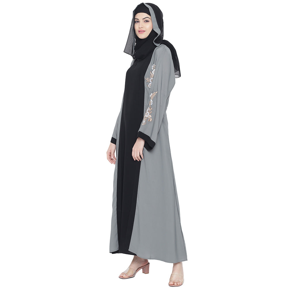 Beautiful Self Design Grey Black Sleeve Embroidery Shrug Crepe Abaya or Burqa With Hijab for Women & Girls_0872