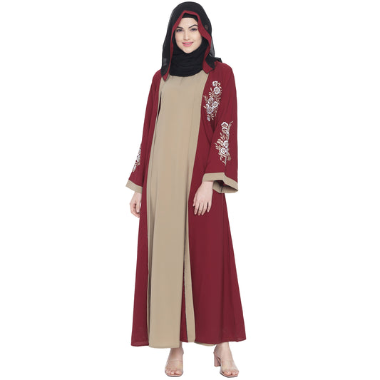 Beautiful Self Design Maroon Beige Sleeve Embroidery Shrug Crepe Abaya or Burqa With Hijab for Women & Girls_0873